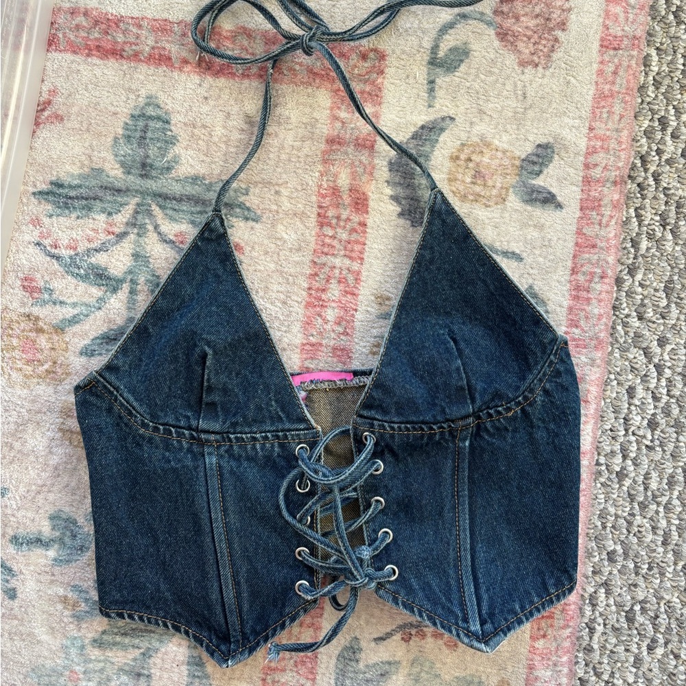 Edikted Denim Halter Corset Top